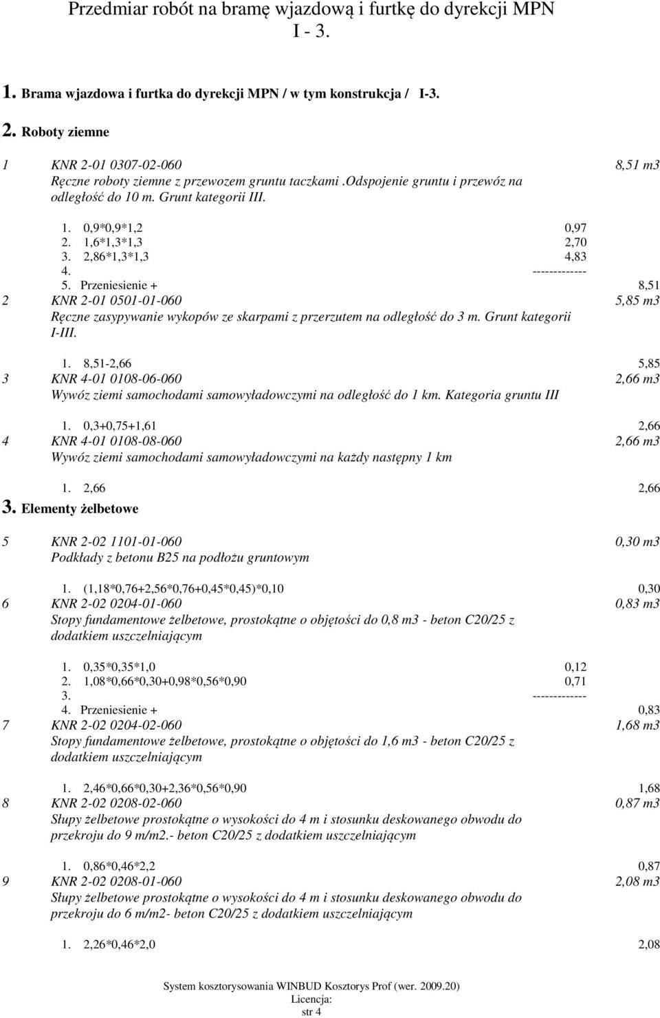 1,6*1,3*1,3 2,70 3. 2,86*1,3*1,3 4,83 4. ------------- 5. Przeniesienie + 8,51 2 KNR 2-01 0501-01-060 Ręczne zasypywanie wykopów ze skarpami z przerzutem na odległość do 3 m. Grunt kategorii I-III.