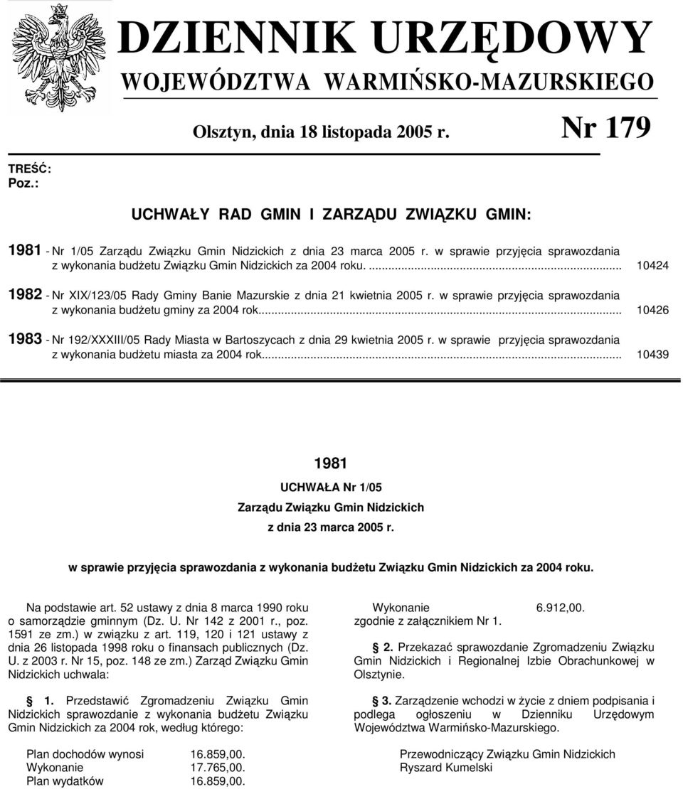 w sprawie przyjęcia sprawozdania z wykonania budŝetu Związku Gmin Nidzickich za 2004 roku.... 10424 1982 - Nr XIX/123/05 Rady Gminy Banie Mazurskie z dnia 21 kwietnia 2005 r.