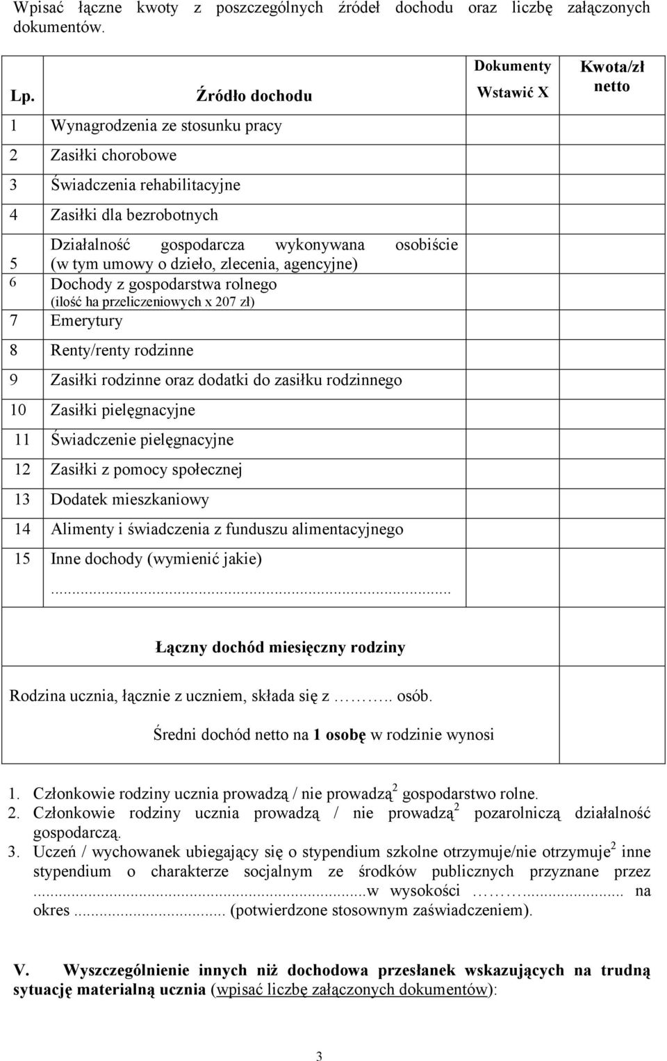 zlecenia, agencyjne) 6 Dochody z gospodarstwa rolnego (ilość ha przeliczeniowych x 207 zł) 7 Emerytury 8 Renty/renty rodzinne 9 Zasiłki rodzinne oraz dodatki do zasiłku rodzinnego 10 Zasiłki