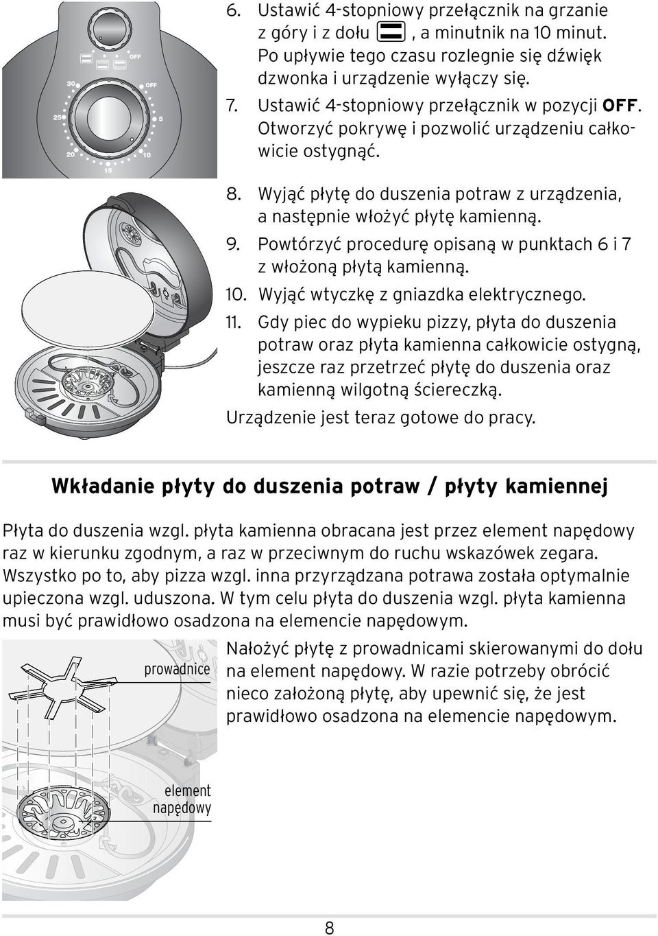 Powtórzyć procedurę opisaną w punktach 6 i 7 z włożoną płytą kamienną. 10. Wyjąć wtyczkę z gniazdka elektrycznego. 11.