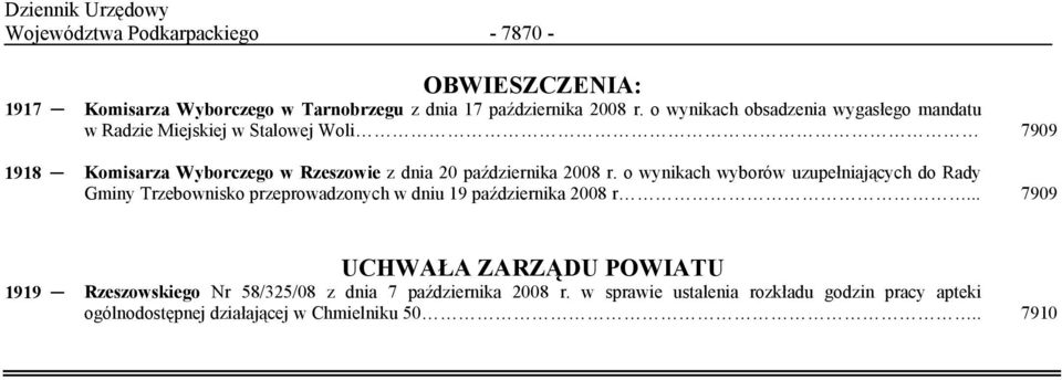 2008 r. o wynikach wyborów uzupełniających do Rady Gminy Trzebownisko przeprowadzonych w dniu 19 października 2008 r.