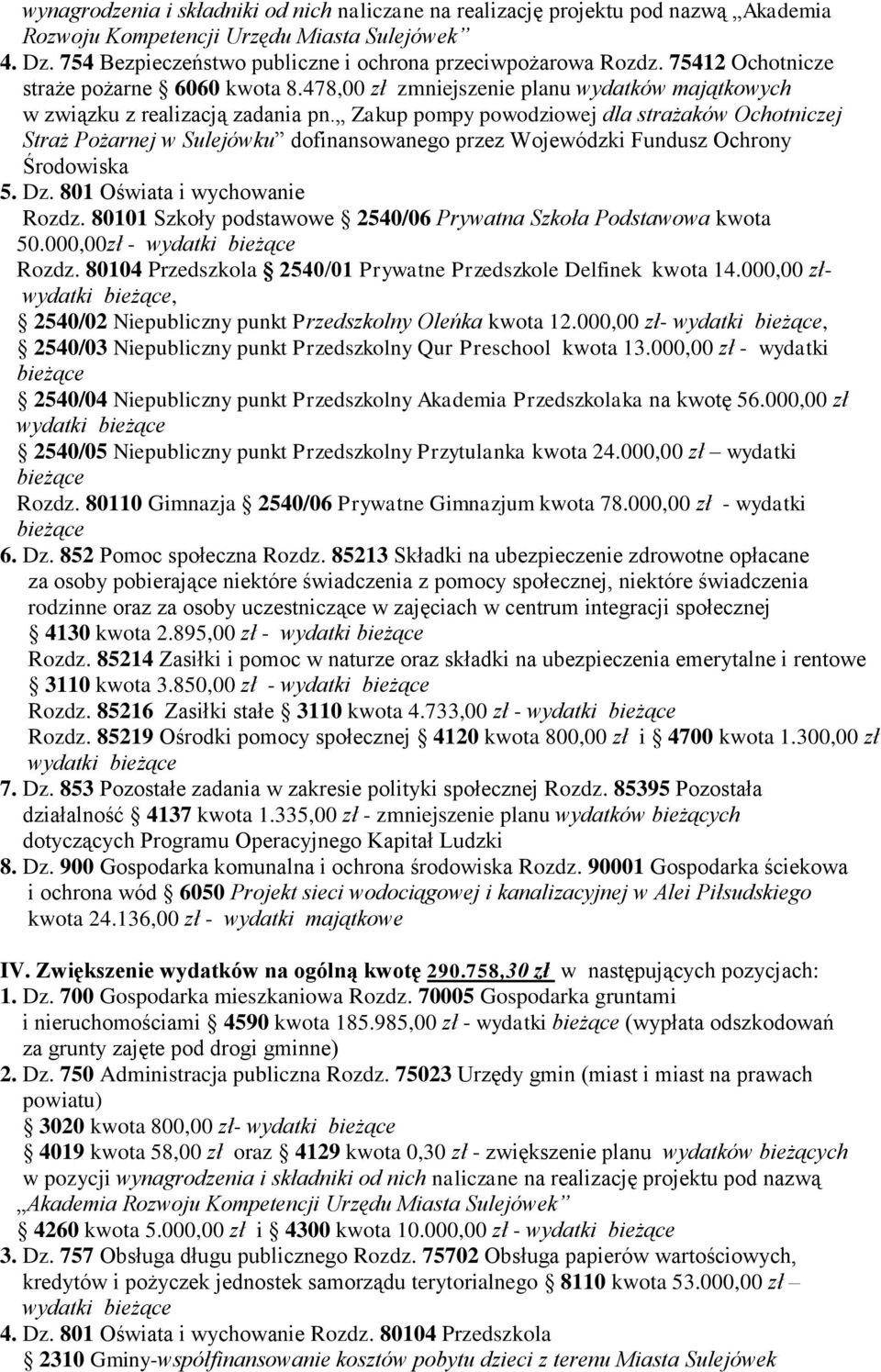 Zakup pompy powodziowej dla strażaków Ochotniczej Straż Pożarnej w Sulejówku dogo przez Wojewódzki Fundusz Ochrony Środowiska 5. Dz. 801 Oświata i wychowanie Rozdz.