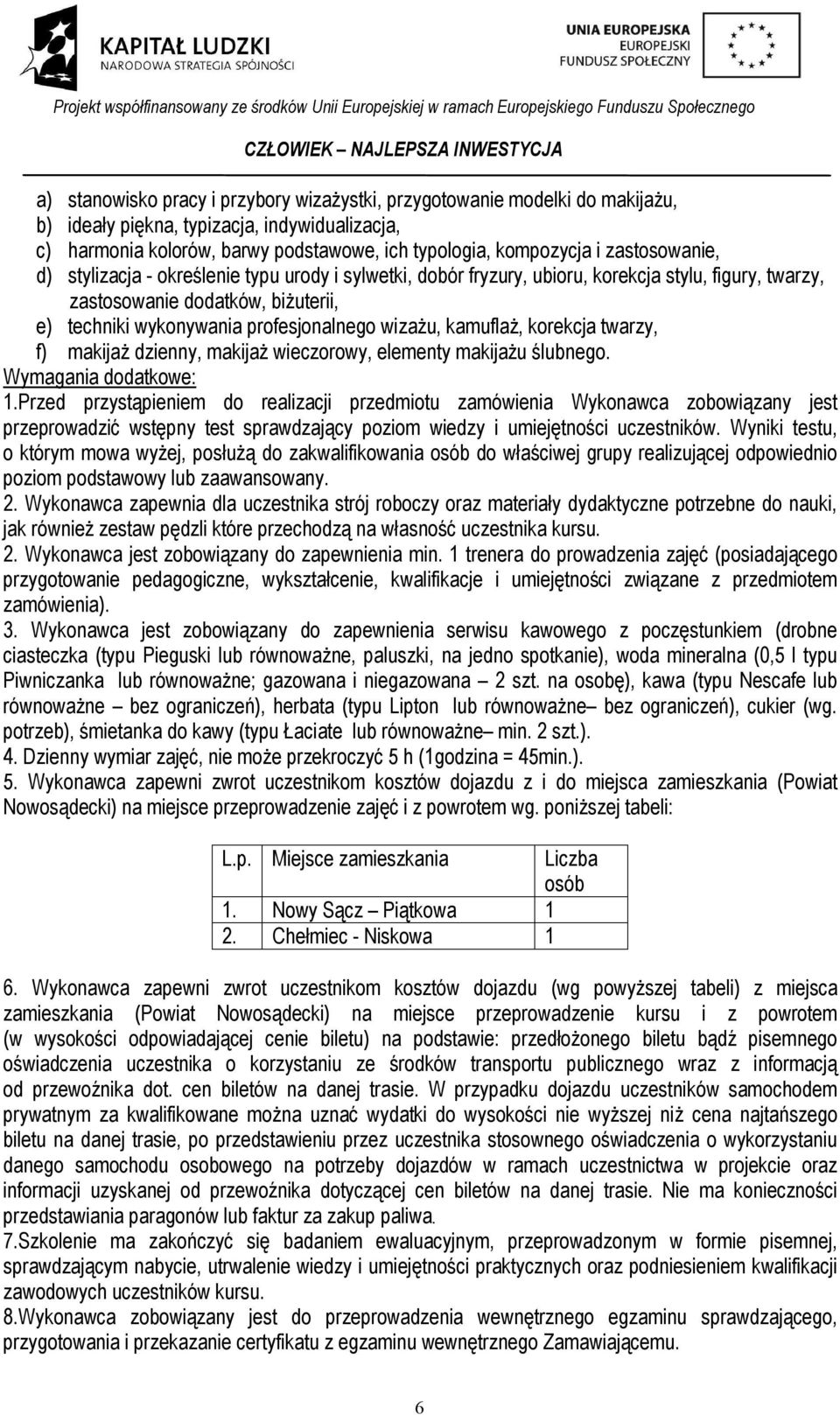 wizażu, kamuflaż, korekcja twarzy, f) makijaż dzienny, makijaż wieczorowy, elementy makijażu ślubnego. Wymagania dodatkowe: 1.