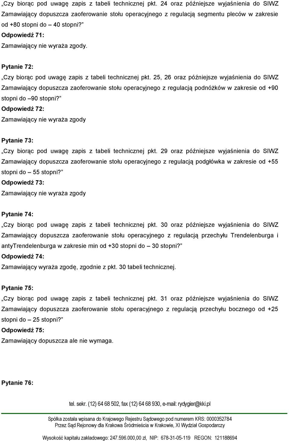 Pytanie 72:  25, 26 oraz późniejsze wyjaśnienia do SIWZ Zamawiający dopuszcza zaoferowanie stołu operacyjnego z regulacją podnóżków w zakresie od +90 stopni do 90 stopni?