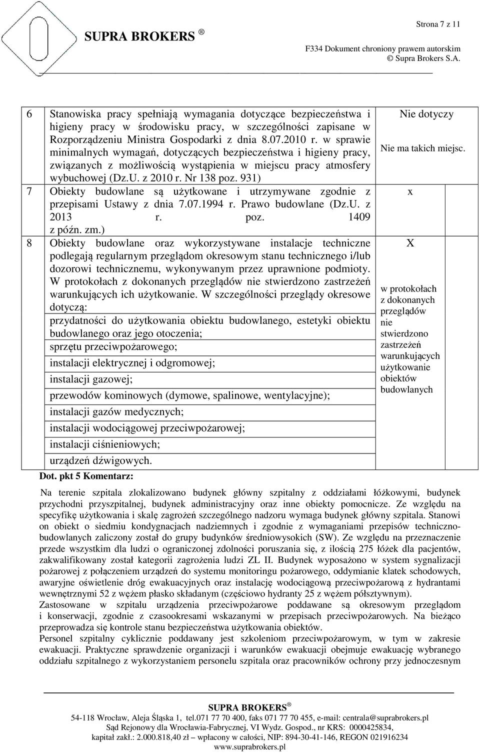 931) 7 Obiekty budowlane są użytkowane i utrzymywane zgodnie z przepisami Ustawy z dnia 7.07.1994 r. Prawo budowlane (Dz.U. z 2013 r. poz. 1409 z późn. zm.