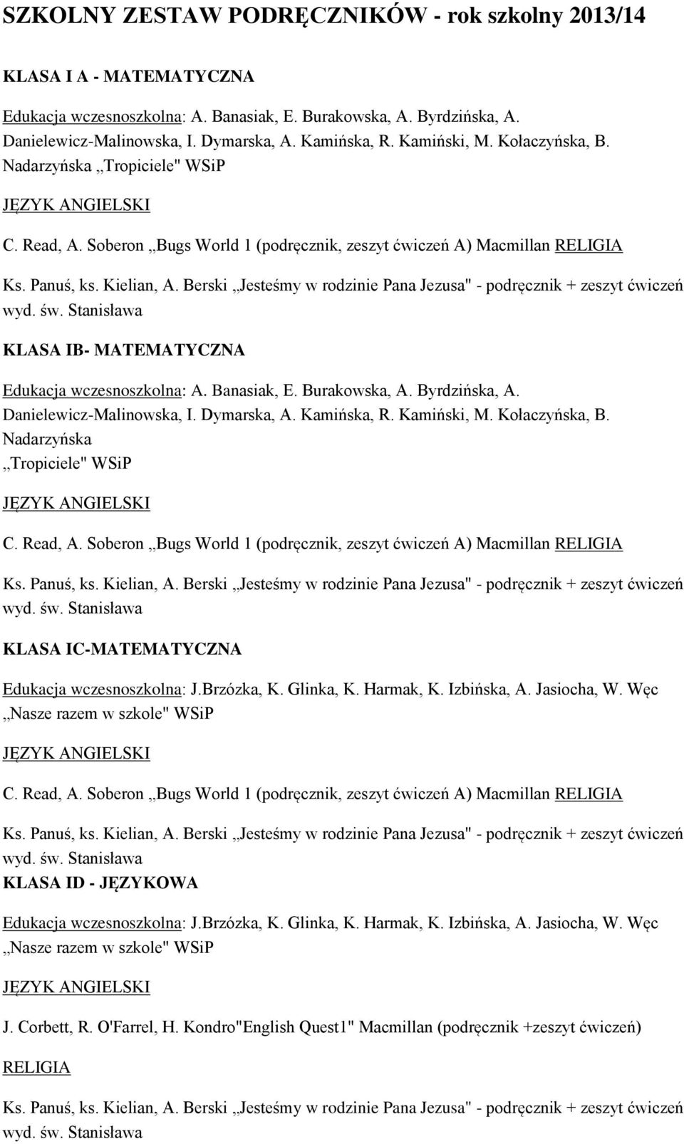 Danielewicz-Malinowska, I. Dymarska, A. Kamińska, R. Kamiński, M. Kołaczyńska, B. Nadarzyńska Tropiciele" WSiP C. Read, A.