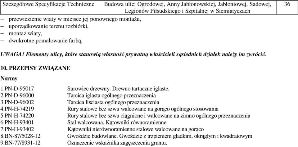 PN-D-96000 Tarcica iglasta ogólnego przeznaczenia 3.PN-D-96002 Tarcica liściasta ogólnego przeznaczenia 4.PN-H-74219 Rury stalowe bez szwu walcowane na gorąco ogólnego stosowania 5.