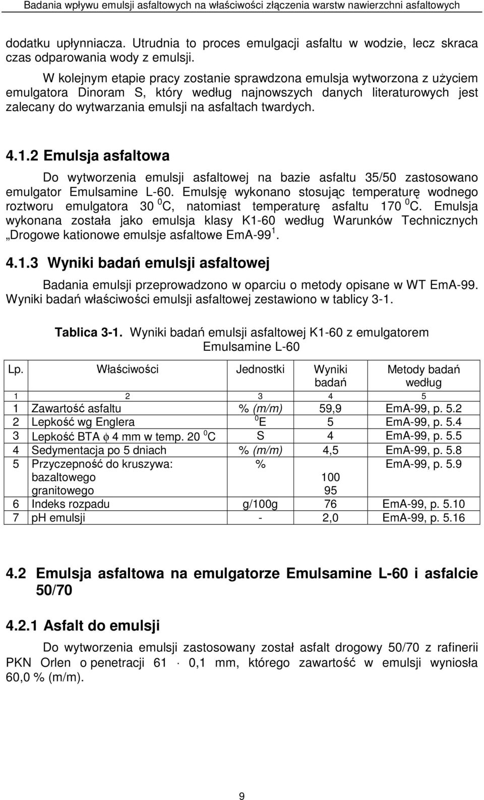 twardych. 4.1.2 Emulsja asfaltowa Do wytworzenia emulsji asfaltowej na bazie asfaltu 35/50 zastosowano emulgator Emulsamine L-60.