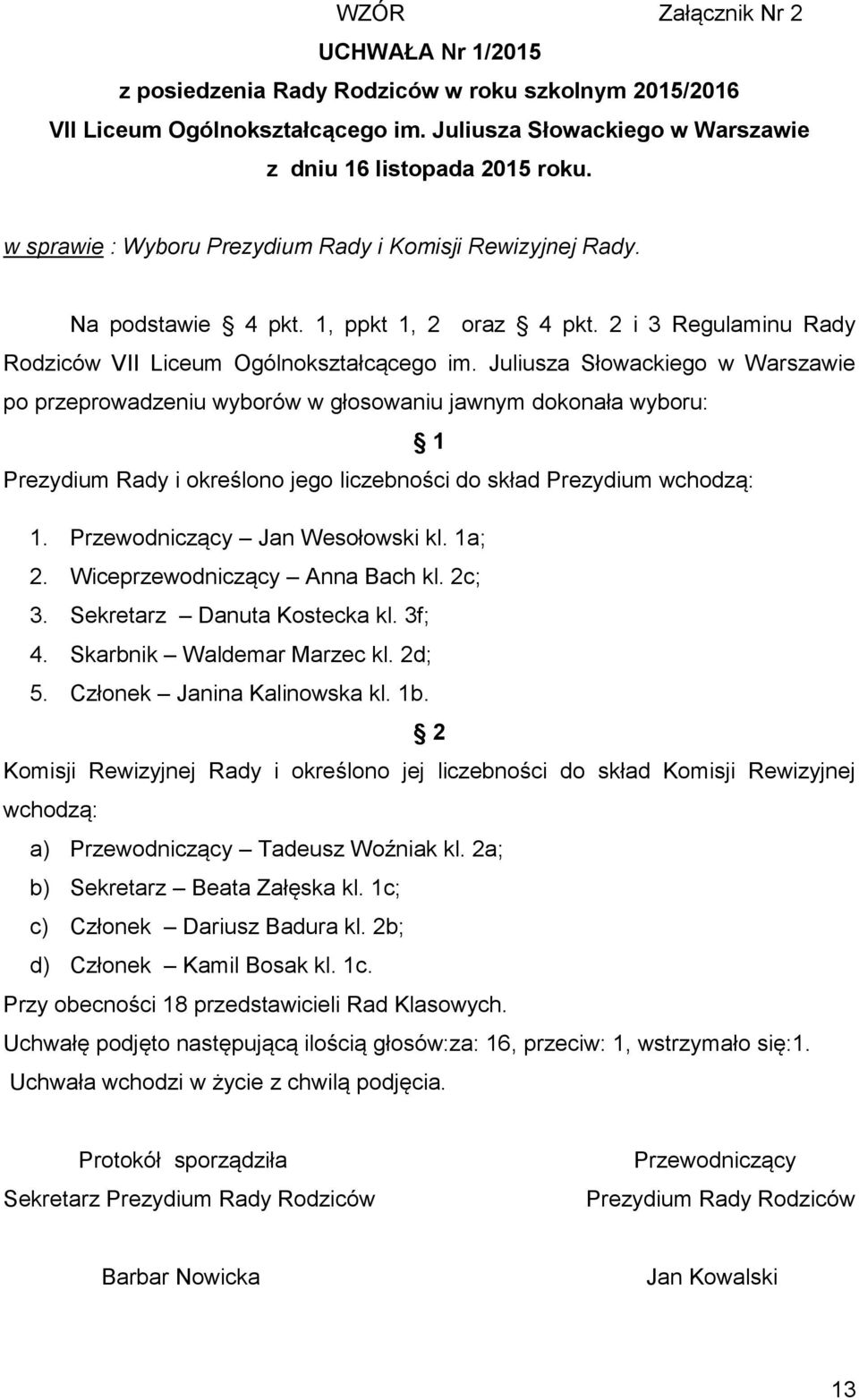 Juliusza Słowackiego w Warszawie po przeprowadzeniu wyborów w głosowaniu jawnym dokonała wyboru: 1 Prezydium Rady i określono jego liczebności do skład Prezydium wchodzą: 1.