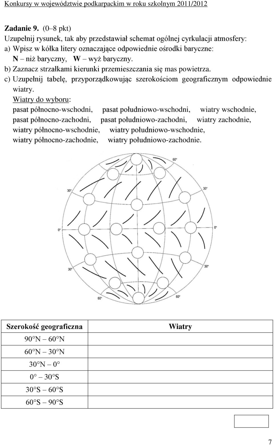 baryczny. b) Zaznacz strzałkami kierunki przemieszczania się mas powietrza. c) Uzupełnij tabelę, przyporządkowując szerokościom geograficznym odpowiednie wiatry.