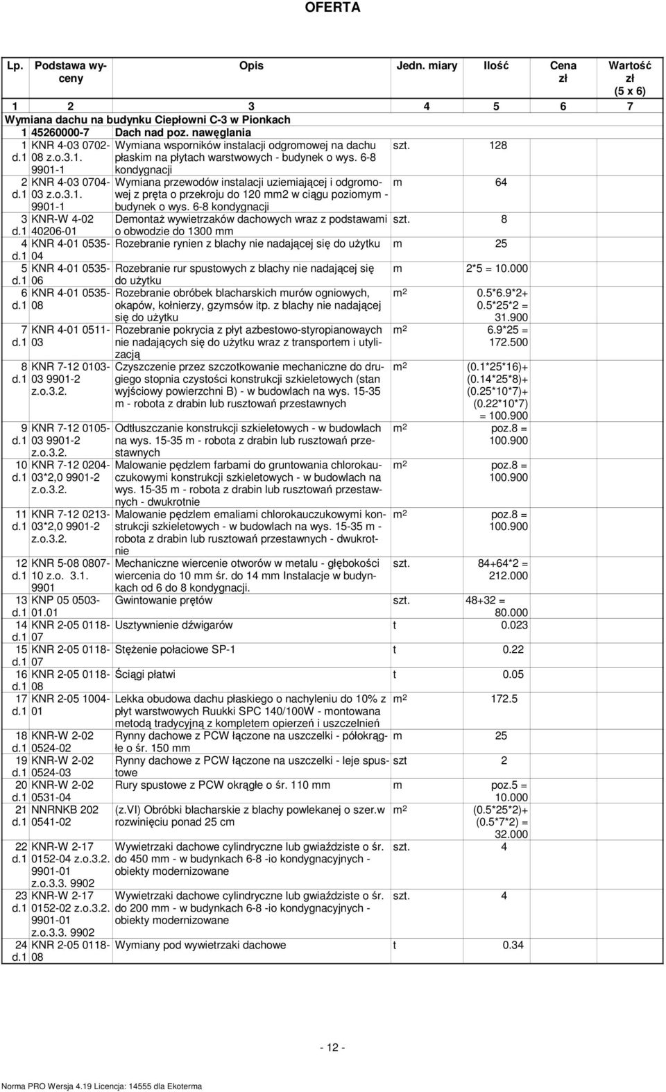 6-8 kondygnacji Wyiana przewodów insalacji uzieiającej i odgroowej z pręa o przekroju do 120 2 w ciągu pozioy - budynek o wys. 6-8 kondygnacji sz.