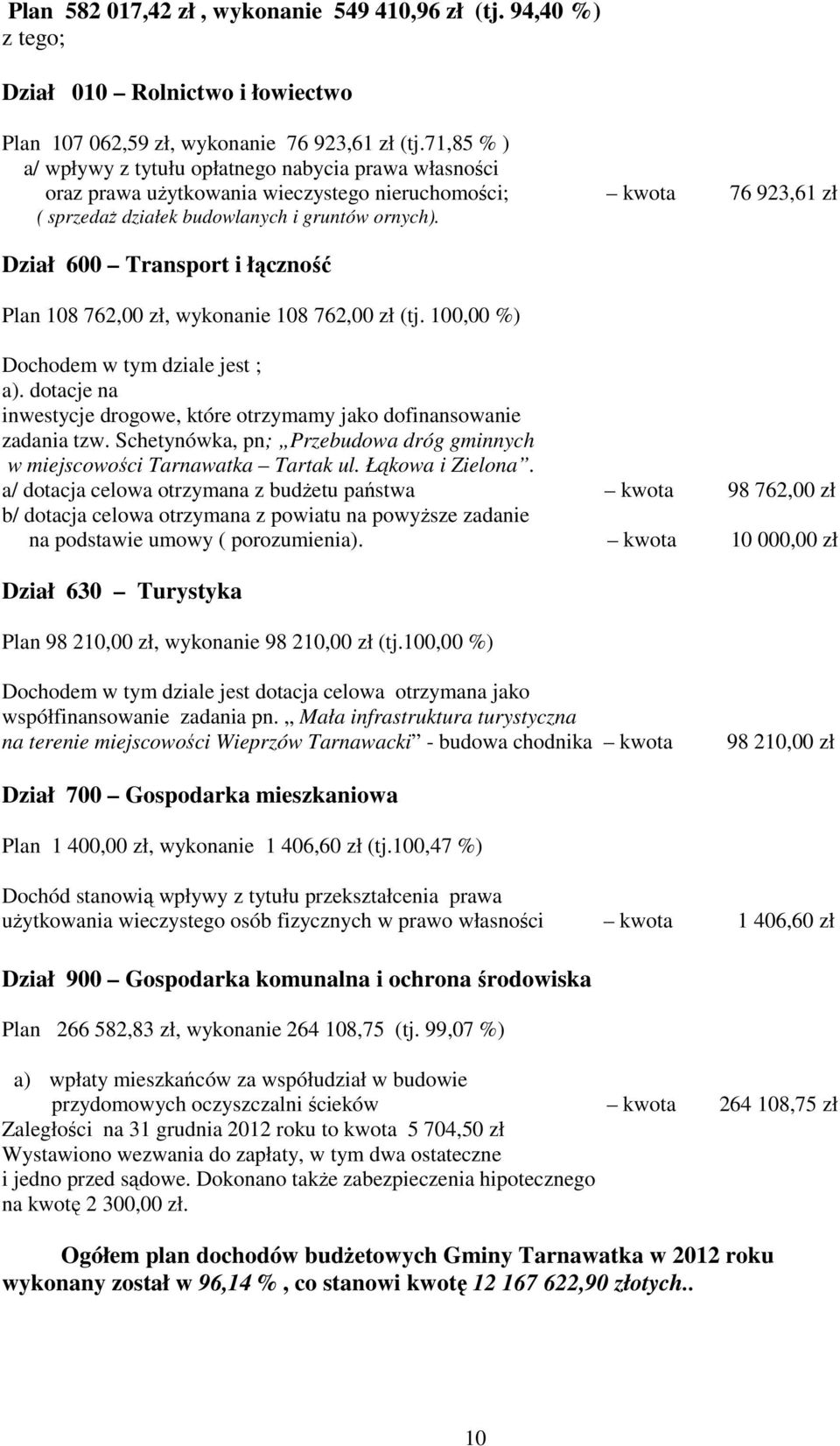 Dział 600 Transport i łączność Plan 108 762,00 zł, wykonanie 108 762,00 zł (tj. 100,00 %) Dochodem w tym dziale jest ; a).