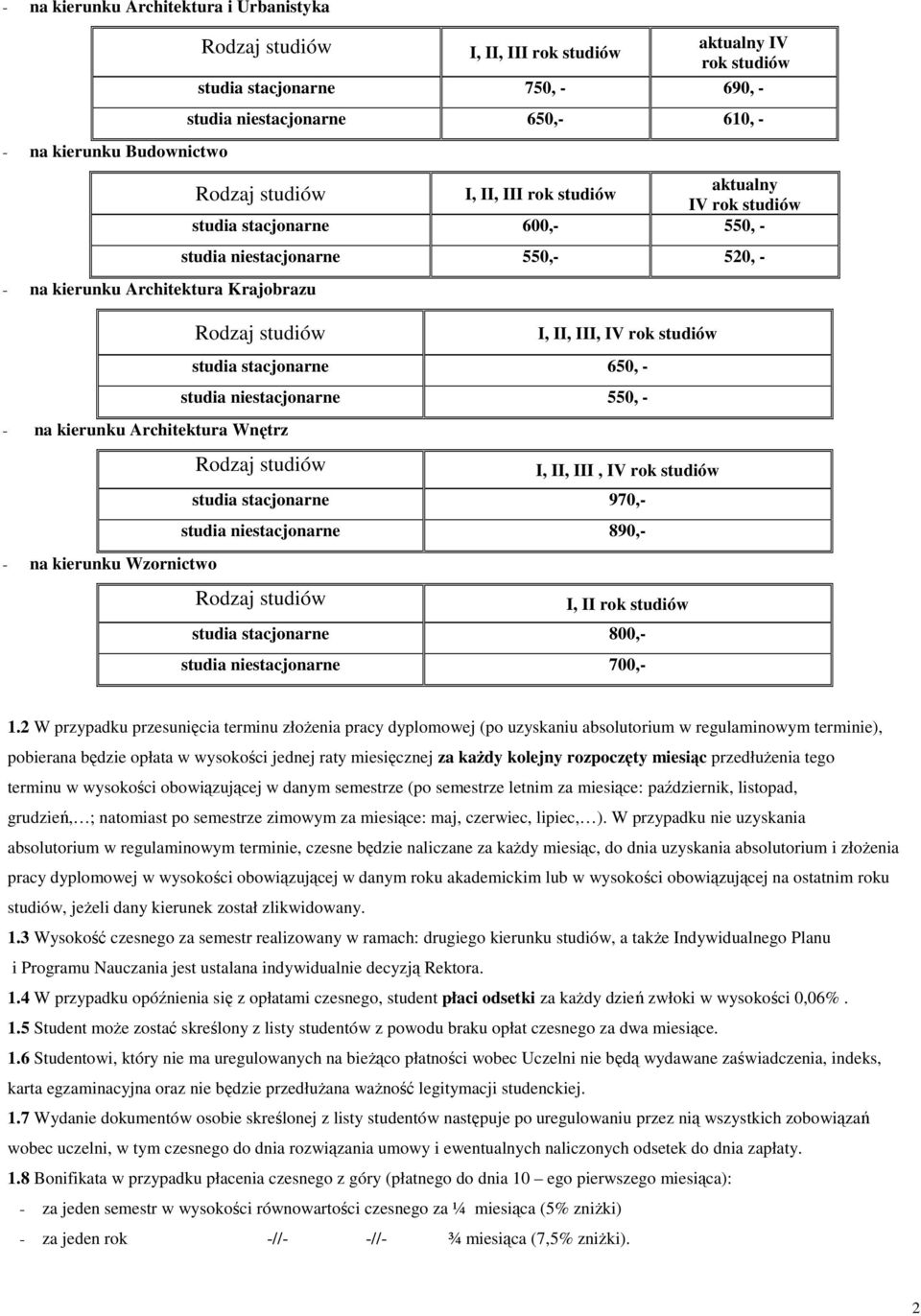 Wzornictwo studia stacjonarne 650, - studia niestacjonarne 550, - I, II, III, IV rok studiów studia stacjonarne 970,- studia niestacjonarne 890,- I, II rok studiów studia stacjonarne 800,- studia