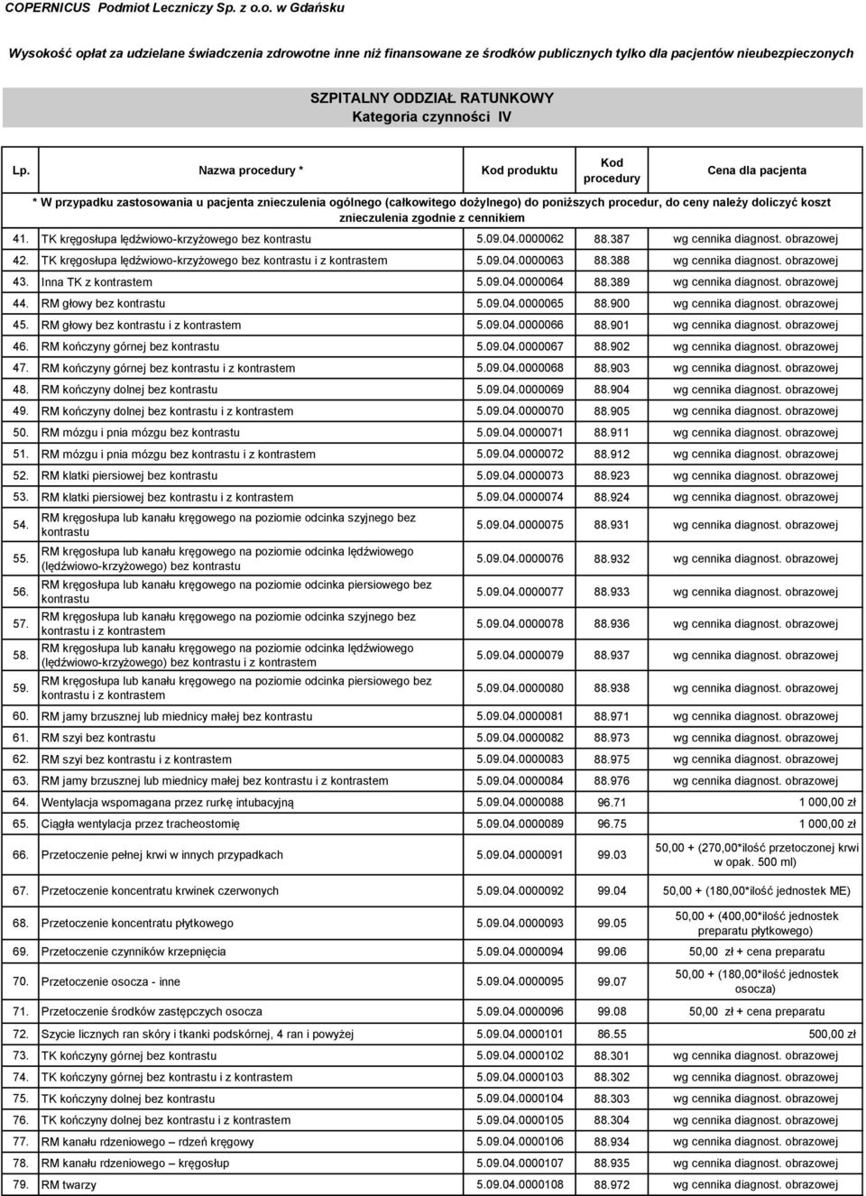 koszt znieczulenia zgodnie z cennikiem 41. TK kręgosłupa lędźwiowo-krzyżowego bez kontrastu 5.09.04.0000062 88.387 wg cennika diagnost. obrazowej 42.