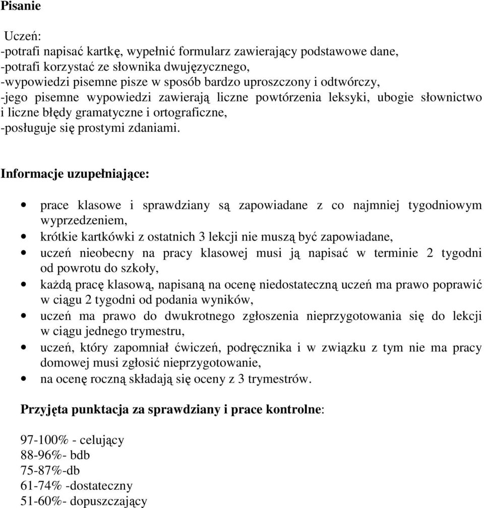 Informacje uzupełniające: prace klasowe i sprawdziany są zapowiadane z co najmniej tygodniowym wyprzedzeniem, krótkie kartkówki z ostatnich 3 lekcji nie muszą być zapowiadane, uczeń nieobecny na