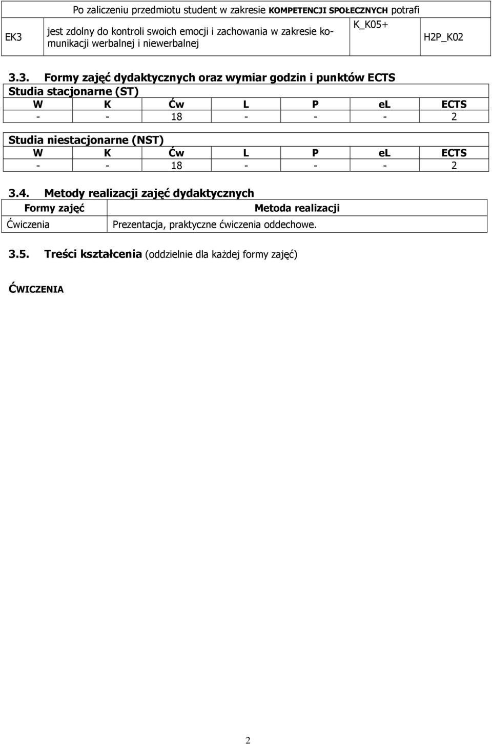 3. Formy zajęć dydaktycznych oraz wymiar godzin i punktów ECTS Studia stacjonarne (ST) W K Ćw L P el ECTS - - 18 - - - 2 Studia