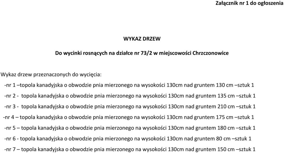 mierzonego na wysokości 130cm nad gruntem 210 cm sztuk 1 -nr 4 topola kanadyjska o obwodzie pnia mierzonego na wysokości 130cm nad gruntem 175 cm sztuk 1 -nr 5 topola kanadyjska o obwodzie pnia