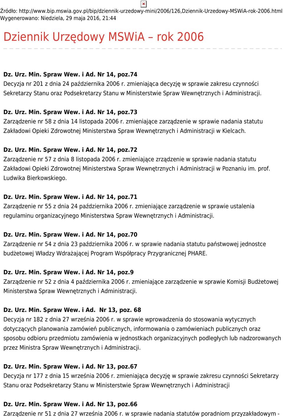 zmieniająca decyzję w sprawie zakresu czynności Sekretarzy Stanu oraz Podsekretarzy Stanu w Ministerstwie Spraw Wewnętrznych i Administracji. Dz. Urz. Min. Spraw Wew. i Ad. Nr 14, poz.