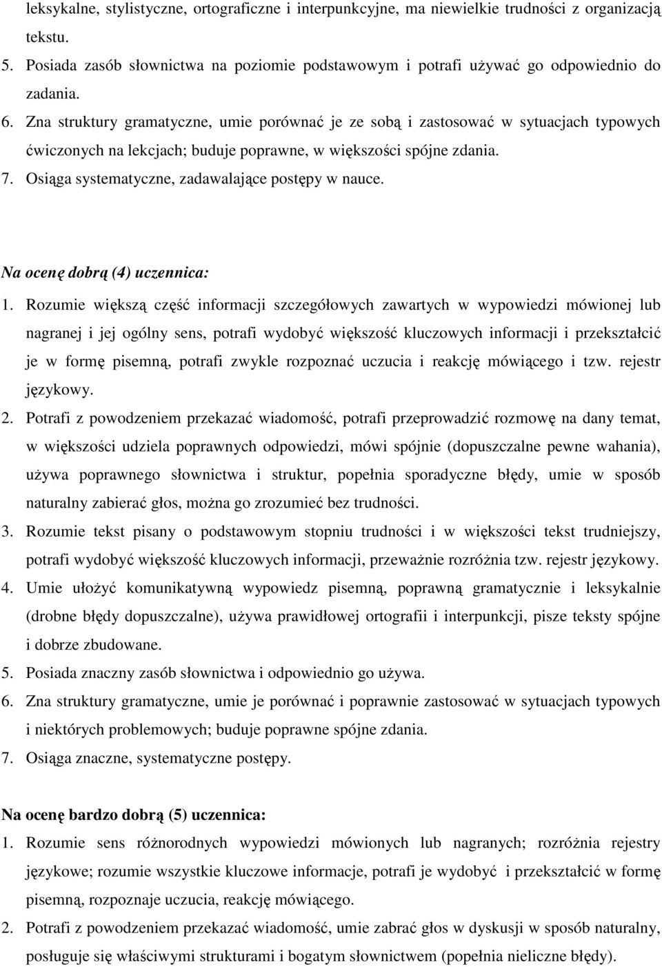 Osiąga systematyczne, zadawalające postępy w nauce. Na ocenę dobrą (4) uczennica: 1.