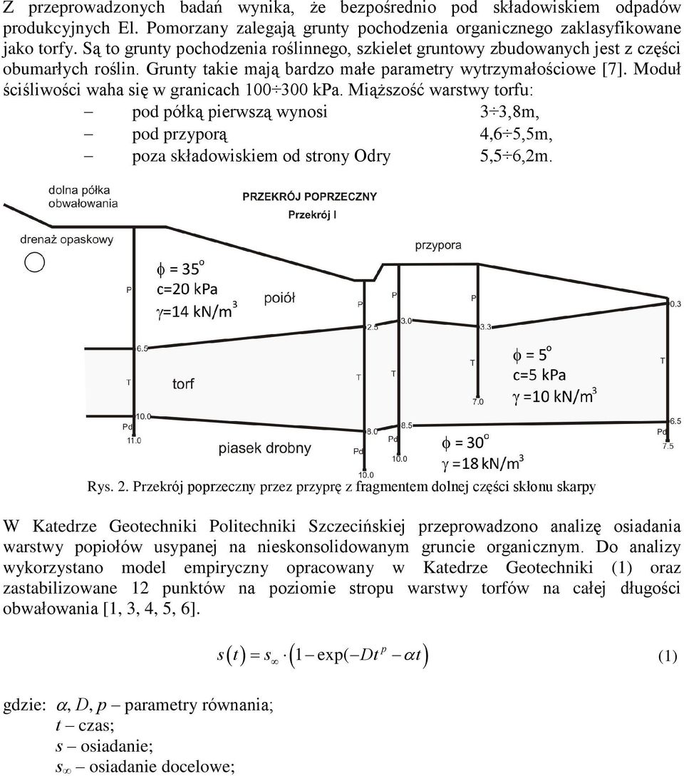 Moduù œciœliwoœci waha siê w granicach 100 300 kpa. Mi¹ szoœã warstwy torfu: pod póùk¹ pierwsz¹ wynosi 3 3,8m, pod przypor¹ 4,6 5,5m, poza skùadowiskiem od strony Odry 5,5 6,2m. Rys. 2.