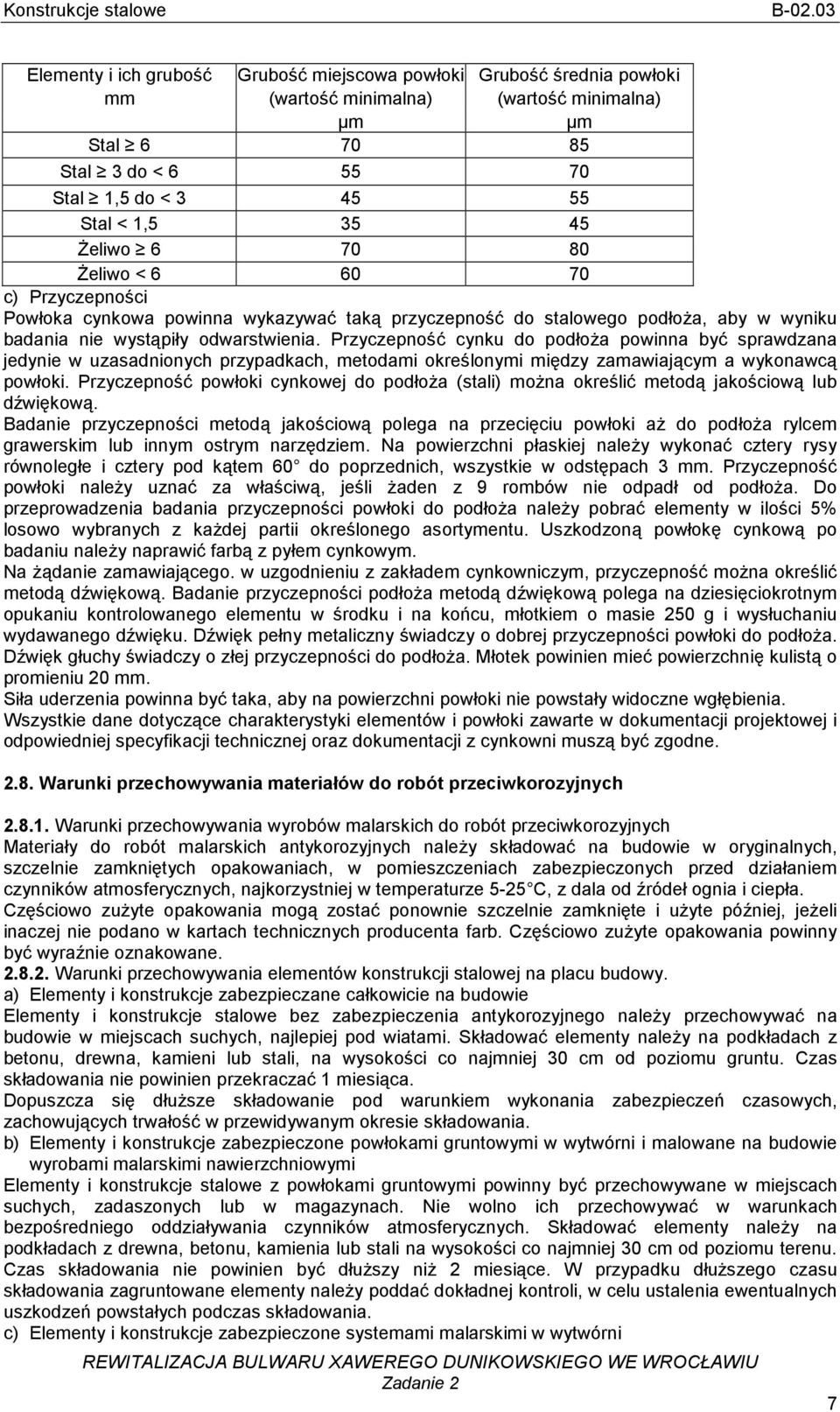 Przyczepność cynku do podłoŝa powinna być sprawdzana jedynie w uzasadnionych przypadkach, metodami określonymi między zamawiającym a wykonawcą powłoki.