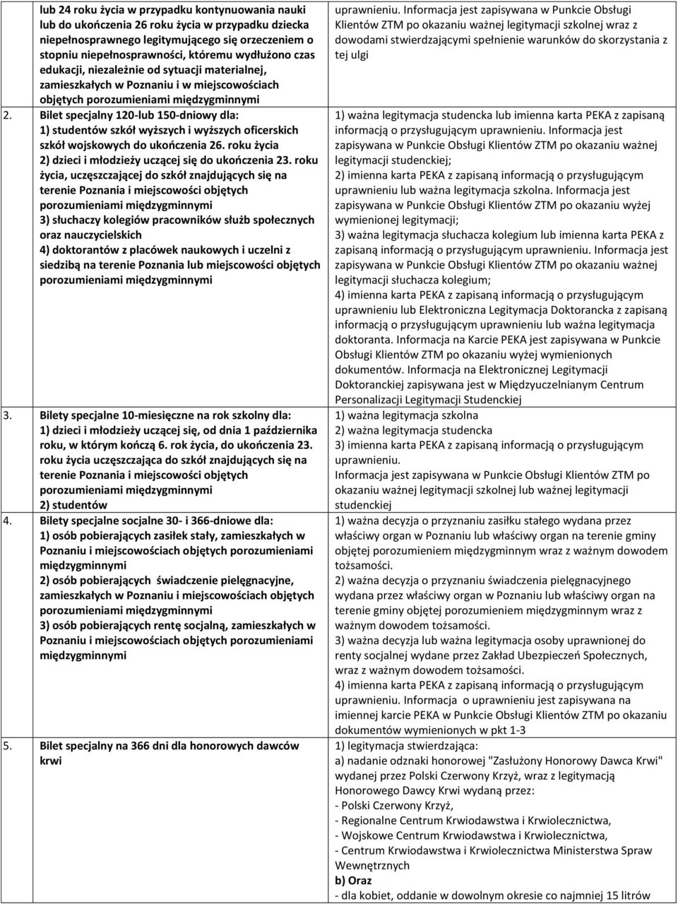 Bilet specjalny 120-lub 150-dniowy dla: 1) studentów szkół wyższych i wyższych oficerskich szkół wojskowych do ukończenia 26. roku życia 2) dzieci i młodzieży uczącej się do ukończenia 23.