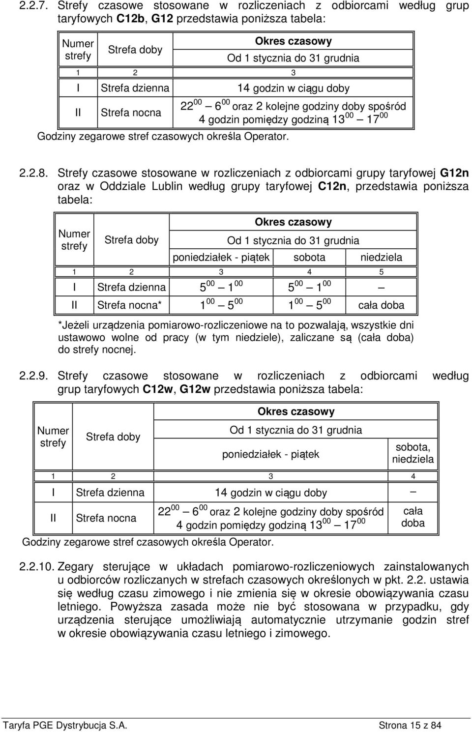 dzienna 14 godzin w ciągu doby II Strefa nocna Godziny zegarowe stref czasowych określa Operator. 22 00 6 00 oraz 2 kolejne godziny doby spośród 4 godzin pomiędzy godziną 13 00 17 00 2.2.8.