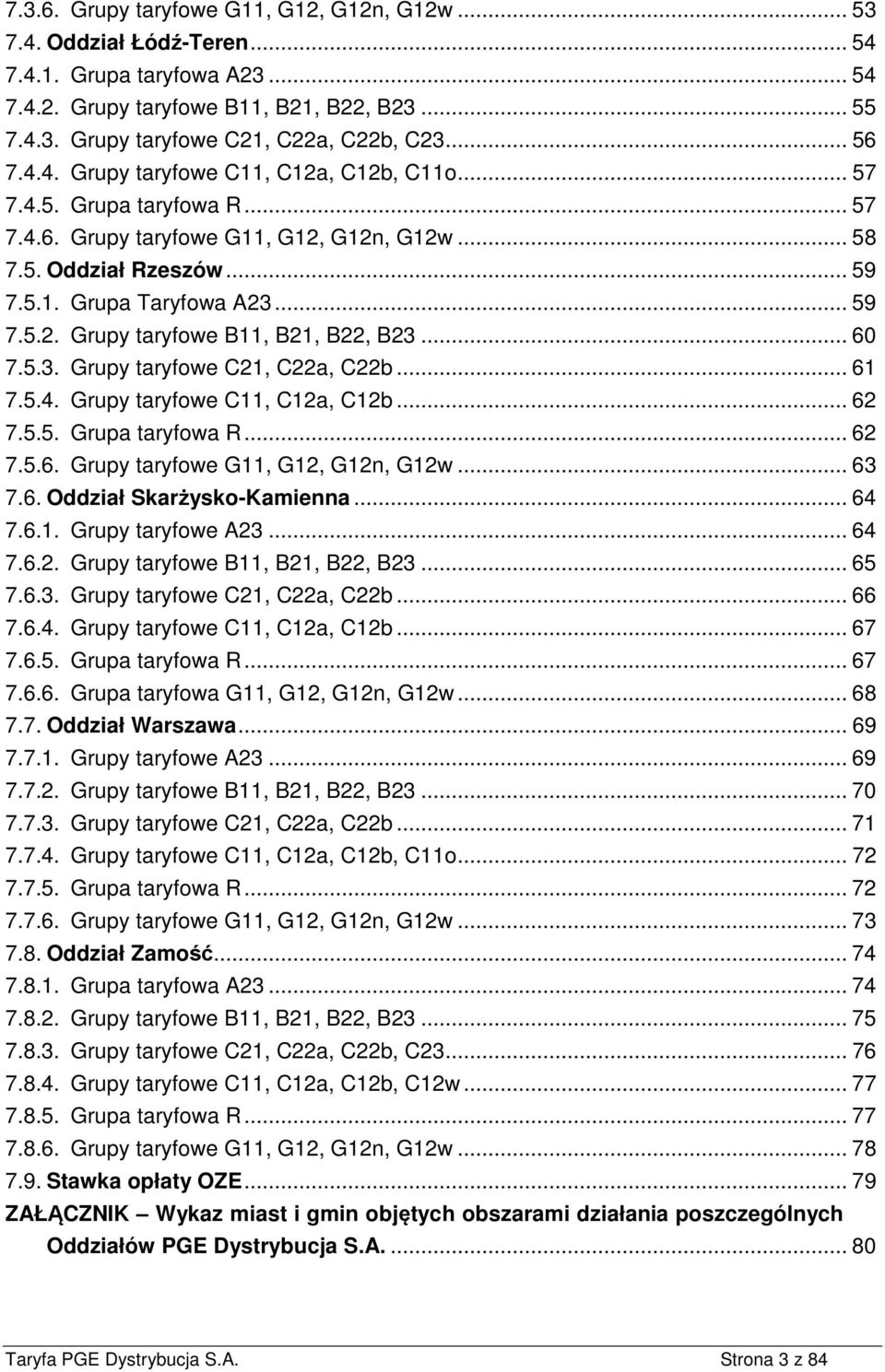 .. 60 7.5.3. Grupy taryfowe C21, C22a, C22b... 61 7.5.4. Grupy taryfowe C11, C12a, C12b... 62 7.5.5. Grupa taryfowa R... 62 7.5.6. Grupy taryfowe G11, G12, G12n, G12w... 63 7.6. Oddział Skarżysko-Kamienna.