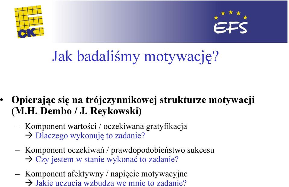 Reykowski) Komponent wartości / oczekiwana gratyfikacja Dlaczego wykonuję to zadanie?