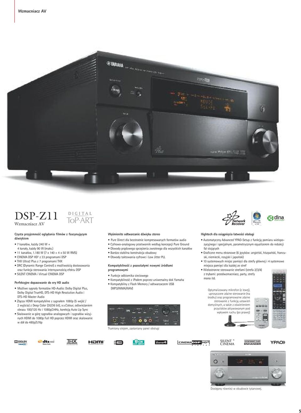 efektu DSP SILENT CINEMA i Virtual CINEMA DSP Perfekcyjne dopasowanie do ery HD audio Możliwe sygnały formatów HD-Audio: Dolby Digital Plus, Dolby Digital TrueHD, DTS-HD High Resolution Audio i