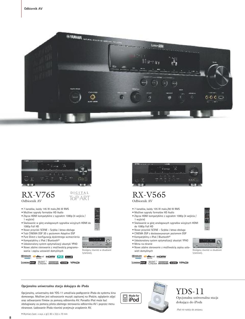 SCENE Szybka i łatwa obsługa Tryb CINEMA DSP 3D z poziomem Adaptive DSP Pure Direct z konfiguracją dyskretnego wzmocnienia Kompatybilny z ipod / Bluetooth Udoskonalony system optymalizacji akustyki