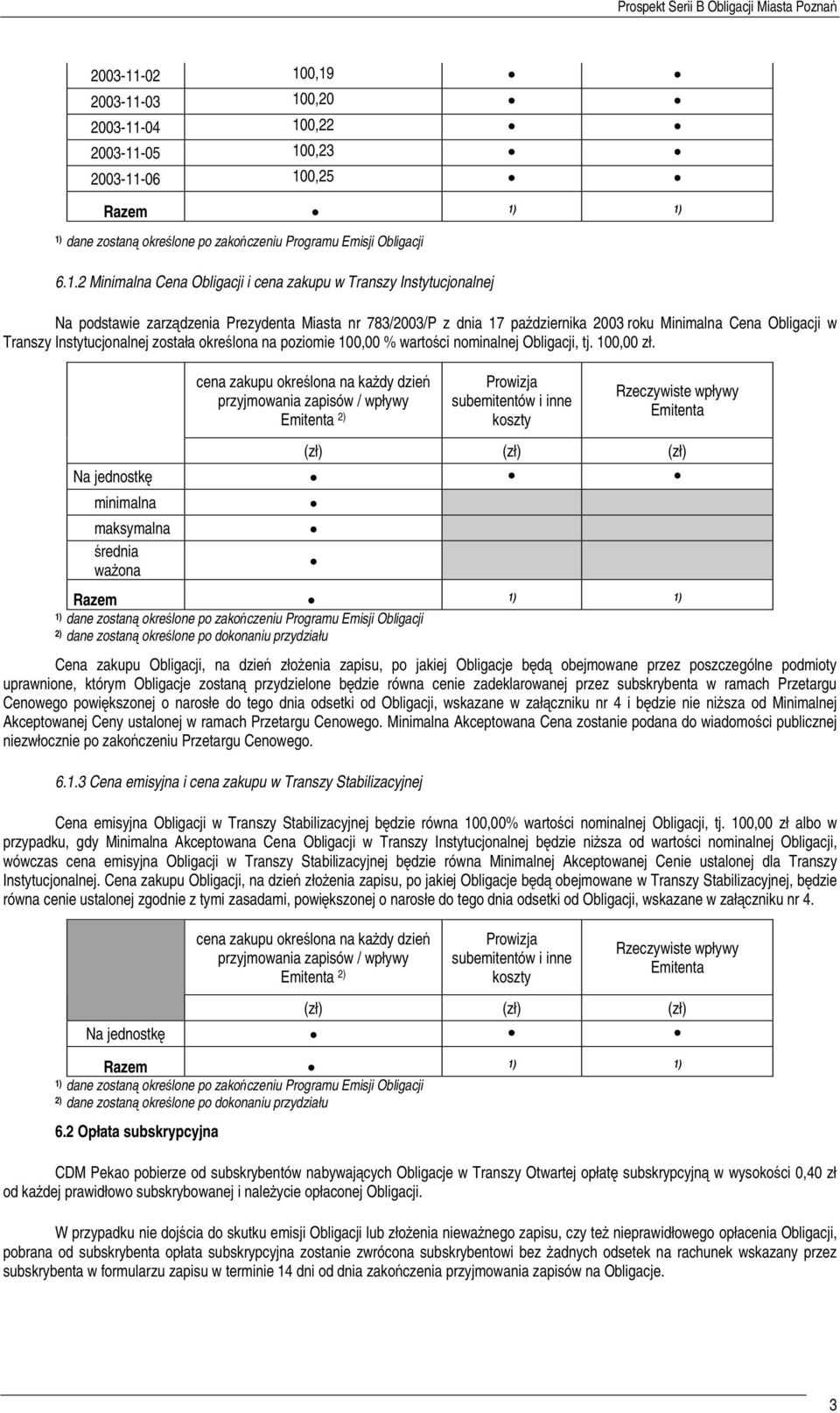 0,19 -03 100,20 -04 100,22 -05 100,23 -06 100,25 Razem 1) 1) 1) dane zostaną określone po zakończeniu Programu Emisji Obligacji 6.1.2 Minimalna Cena Obligacji i cena zakupu w Transzy Instytucjonalnej