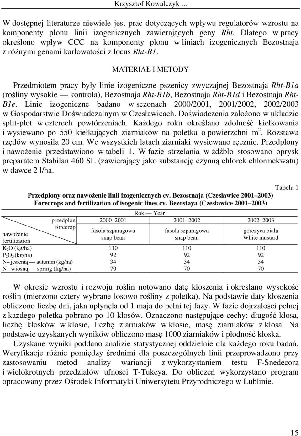 MATERIAŁ I METODY Przedmiotem pracy były linie izogeniczne pszenicy zwyczajnej Bezostnaja Rht-B1a (rośliny wysokie kontrola), Bezostnaja Rht-B1b, Bezostnaja Rht-B1d i Bezostnaja Rht- B1e.