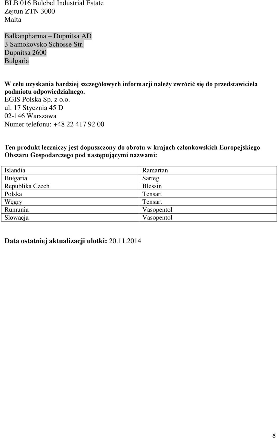 17 Stycznia 45 D 02-146 Warszawa Numer telefonu: +48 22 417 92 00 Ten produkt leczniczy jest dopuszczony do obrotu w krajach członkowskich Europejskiego Obszaru