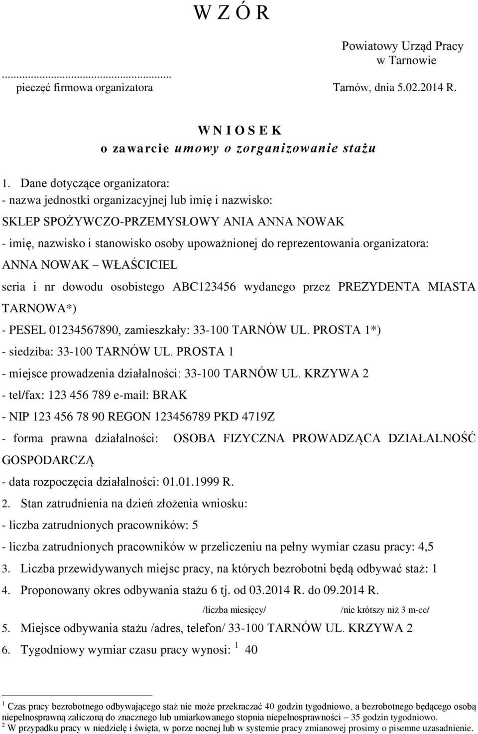 organizatora: ANNA NOWAK WŁAŚCICIEL seria i nr dowodu osobistego ABC123456 wydanego przez PREZYDENTA MIASTA TARNOWA*) - PESEL 01234567890, zamieszkały: 33-100 TARNÓW UL.