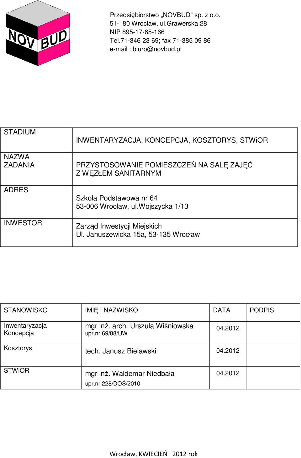 nr 64 53-006 Wrocław, ul.wojszycka 1/13 Zarząd Inwestycji Miejskich Ul.