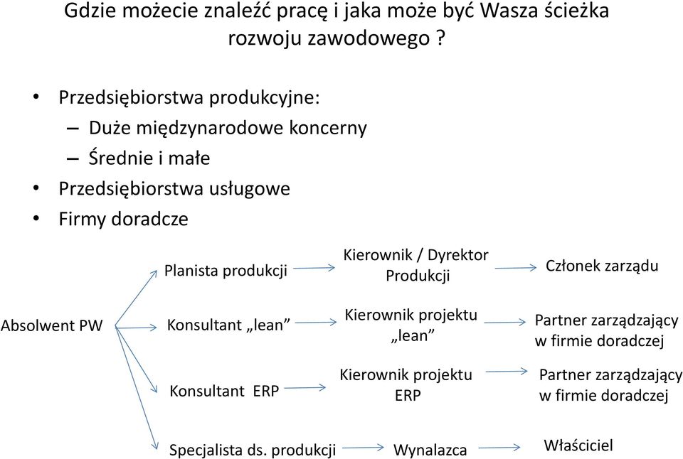 Planista produkcji Kierownik / Dyrektor Produkcji Członek zarządu Absolwent PW Konsultant lean Kierownik projektu lean