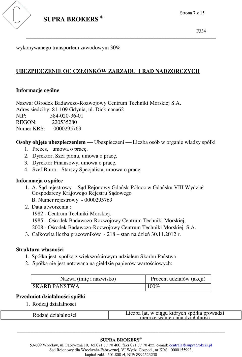 Prezes, umowa o pracę. 2. Dyrektor, Szef pionu, umowa o pracę. 3. Dyrektor Finansowy, umowa o pracę. 4. Szef Biura Starszy Specjalista, umowa o pracę Informacja o spółce 1. A.
