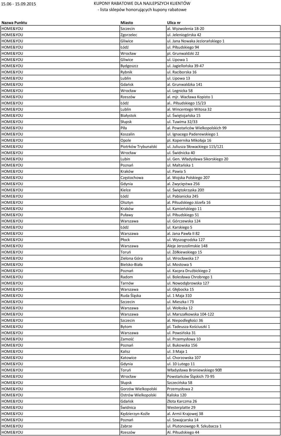 Lipowa 13 HOME&YOU Gdańsk al. Grunwaldzka 141 HOME&YOU Wrocław ul. Legnicka 58 HOME&YOU Rzeszów al. mjr. Wacława Kopisto 1 HOME&YOU Łódź al.. Piłsudskiego 15/23 HOME&YOU Lublin al.