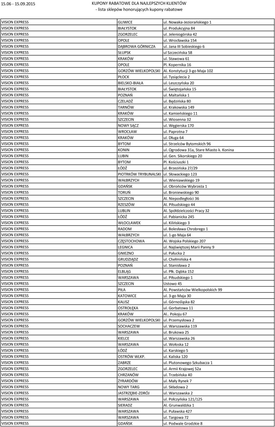 Kopernika 16 VISION EXPRESS GORZÓW WIELKOPOLSKI Al. Konstytucji 3-go Maja 102 VISION EXPRESS PŁOCK ul. Tysiąclecia 2 VISION EXPRESS BIELSKO-BIAŁA ul. Leszczyńska 20 VISION EXPRESS BIAŁYSTOK ul.