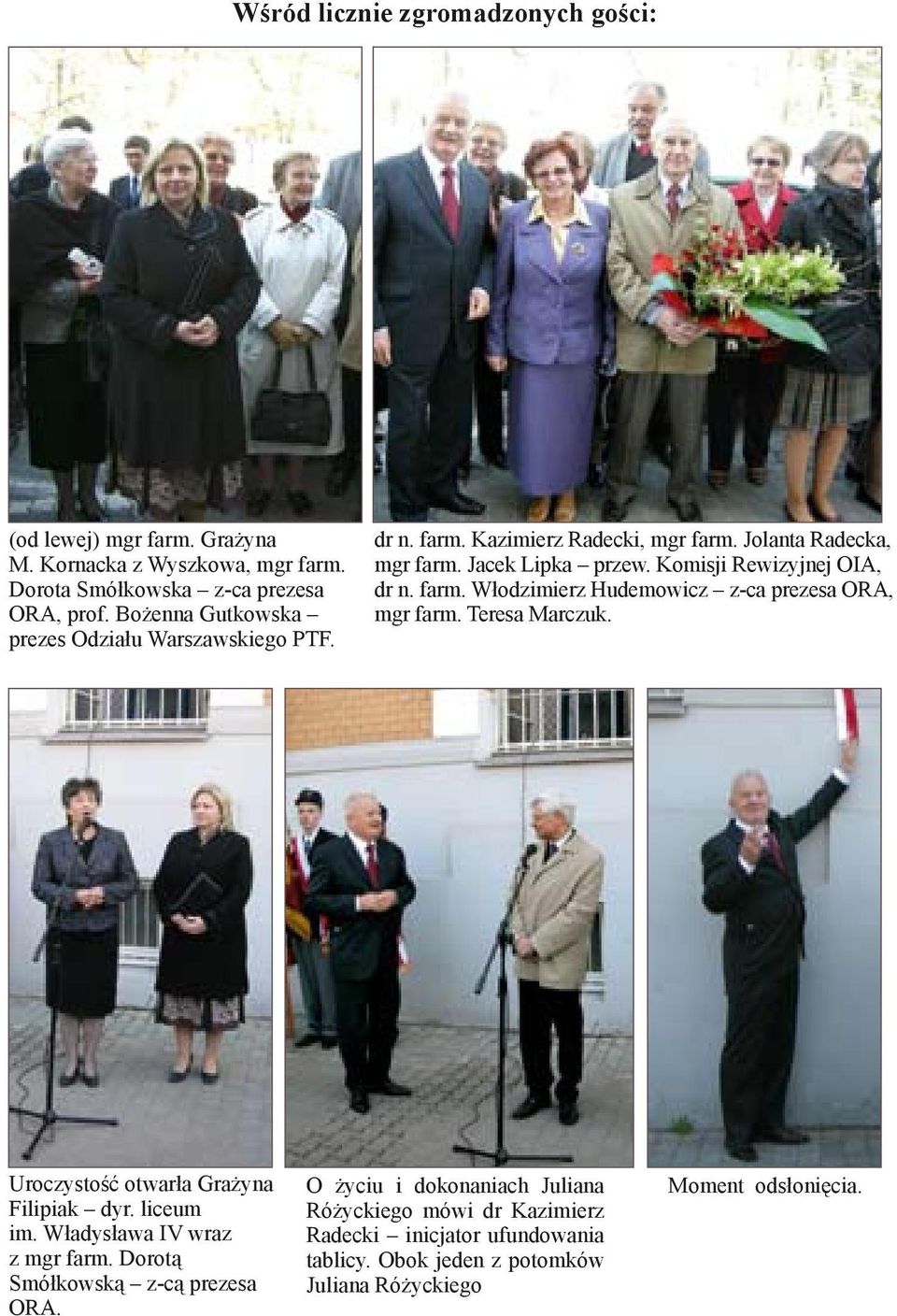Komisji Rewizyjnej OIA, dr n. farm. Włodzimierz Hudemowicz z-ca prezesa ORA, mgr farm. Teresa Marczuk. Uroczystość otwarła Grażyna Filipiak dyr. liceum im.