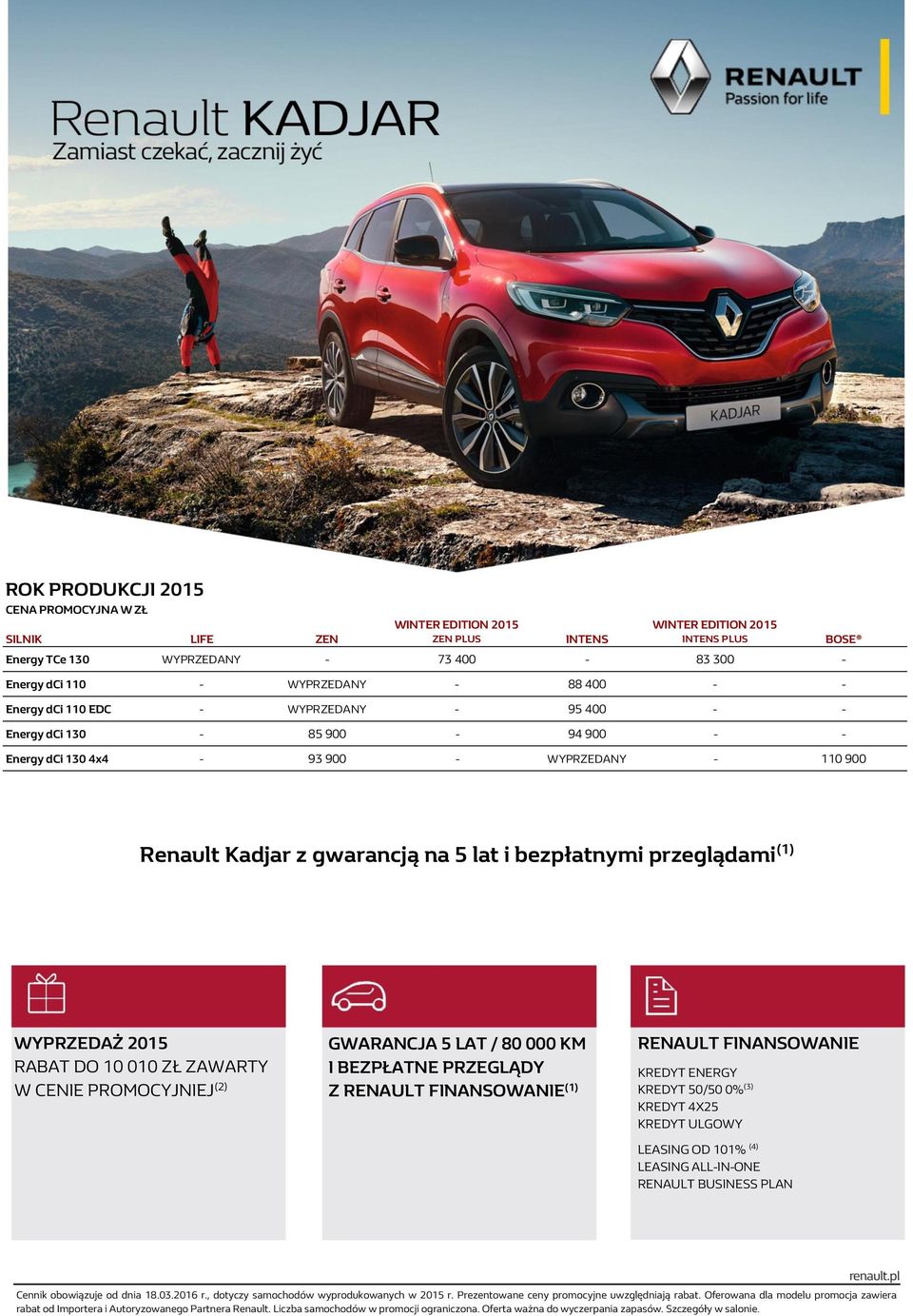 (2) GWARANCJA 5 LAT / 80 000 KM I BEZPŁATNE PRZEGLĄDY Z RENAULT FINANSOWANIE (1) RENAULT FINANSOWANIE KREDYT ENERGY KREDYT 50/50 0% (3) KREDYT 4X25 KREDYT ULGOWY LEASING OD 101% (4) LEASING