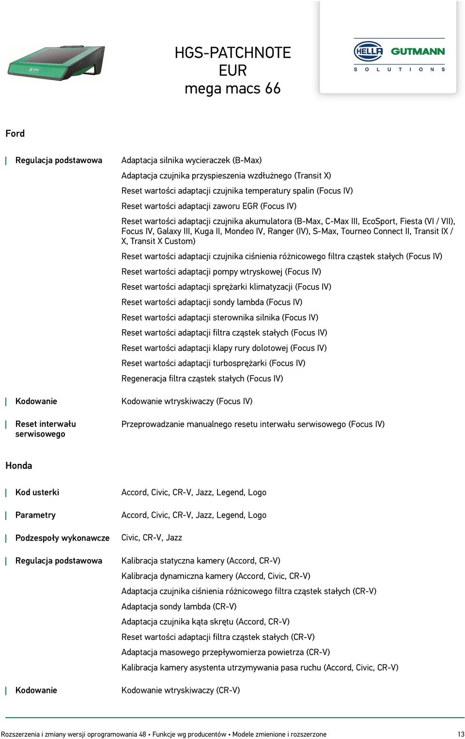 Connect II, Transit IX / X, Transit X Custom) Reset wartości adaptacji czujnika ciśnienia różnicowego filtra cząstek stałych (Focus IV) Reset wartości adaptacji pompy wtryskowej (Focus IV) Reset