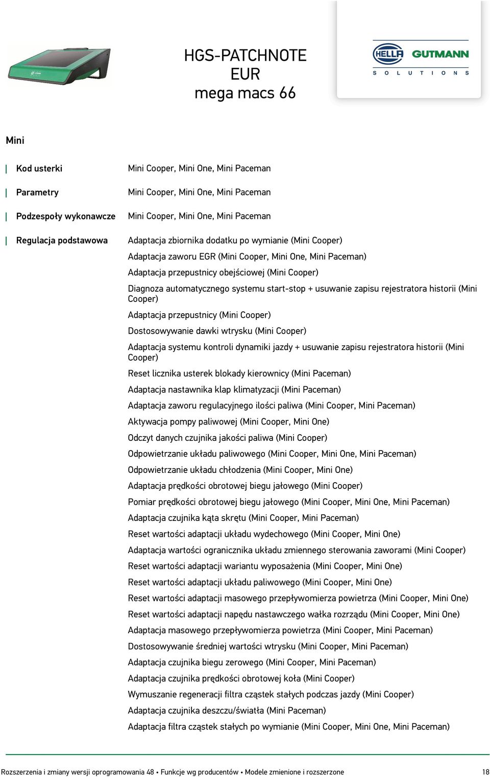 zapisu rejestratora historii (Mini Cooper) Adaptacja przepustnicy (Mini Cooper) Dostosowywanie dawki wtrysku (Mini Cooper) Adaptacja systemu kontroli dynamiki jazdy + usuwanie zapisu rejestratora