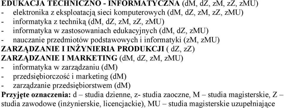 PRODUKCJI ( dz, zz) ZARZĄDZANIE I MARKETING (dm, dz, zm, zmu) - informatyka w zarządzaniu (dm) - przedsiębiorczość i marketing (dm) - zarządzanie przedsiębiorstwem