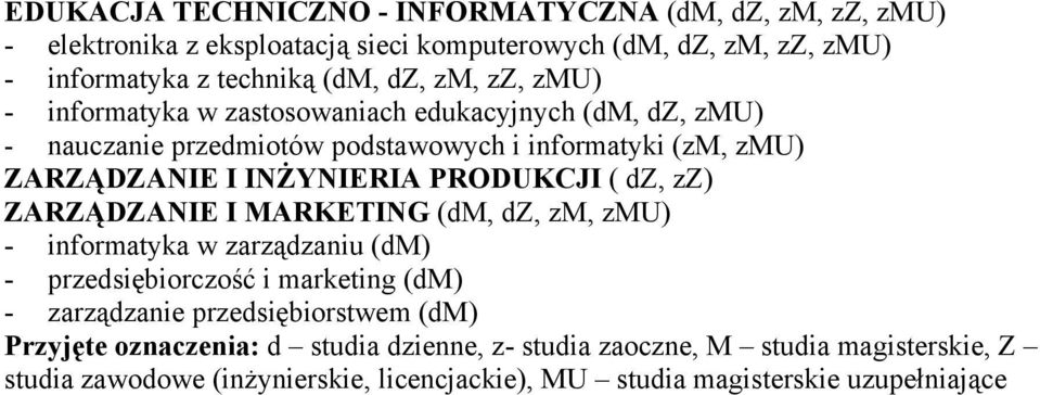 PRODUKCJI ( dz, zz) ZARZĄDZANIE I MARKETING (dm, dz, zm, zmu) - informatyka w zarządzaniu (dm) - przedsiębiorczość i marketing (dm) - zarządzanie przedsiębiorstwem