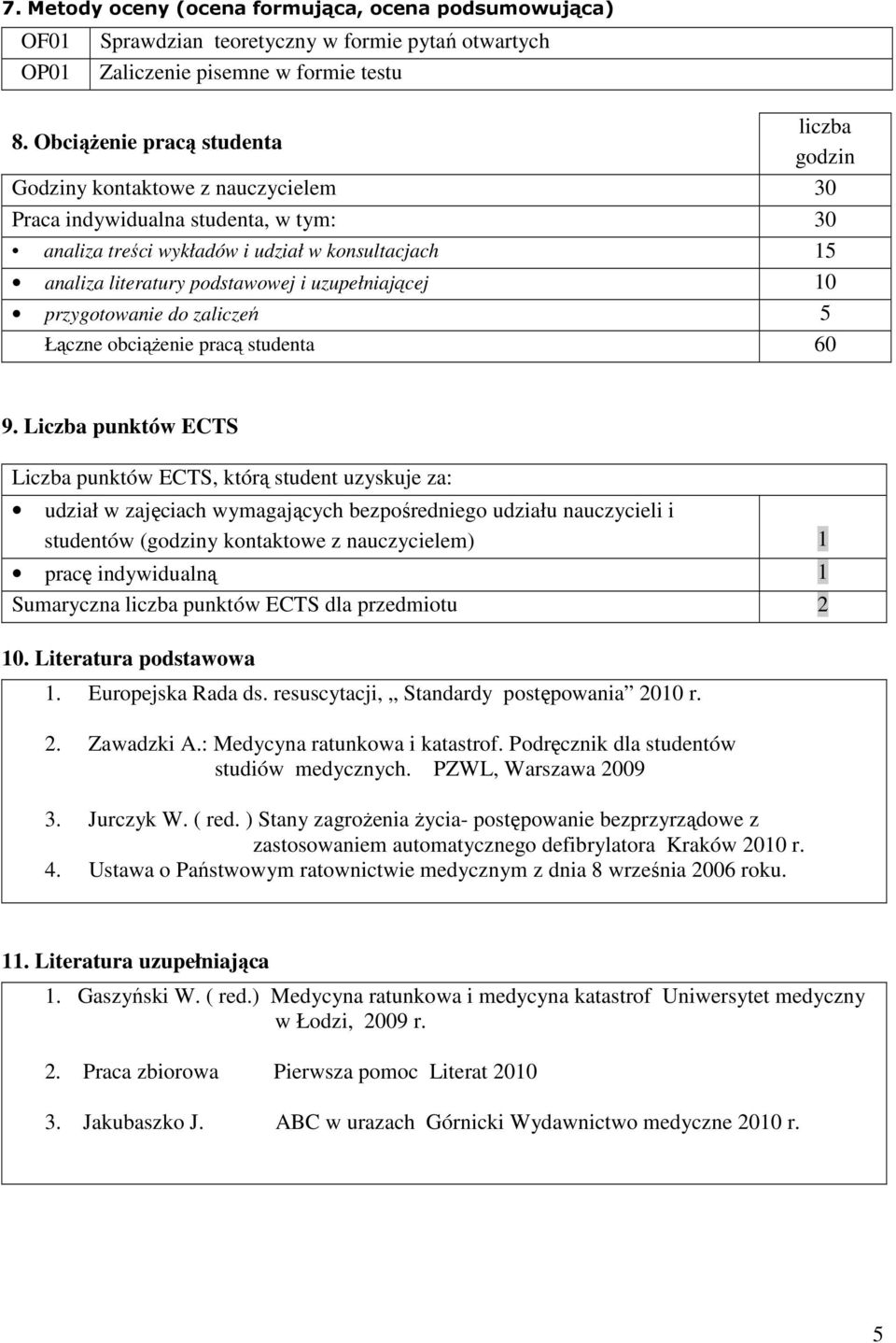 i uzupełniającej 10 przygotowanie do zaliczeń 5 Łączne obciążenie pracą studenta 60 9.