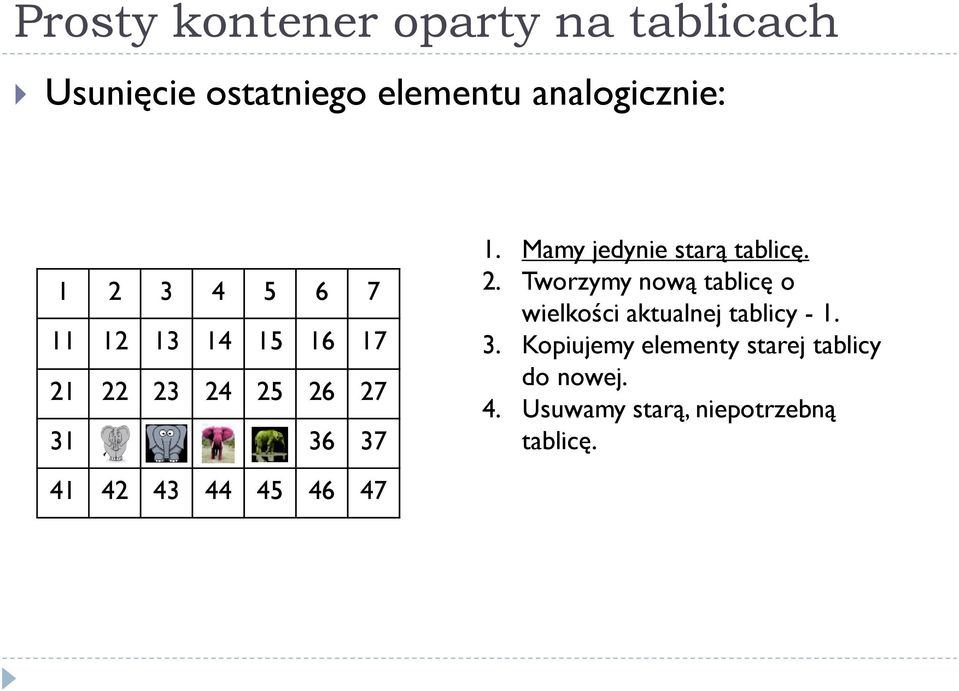 Mamy jedynie starą tablicę. 2. Tworzymy nową tablicę o wielkości aktualnej tablicy - 1.