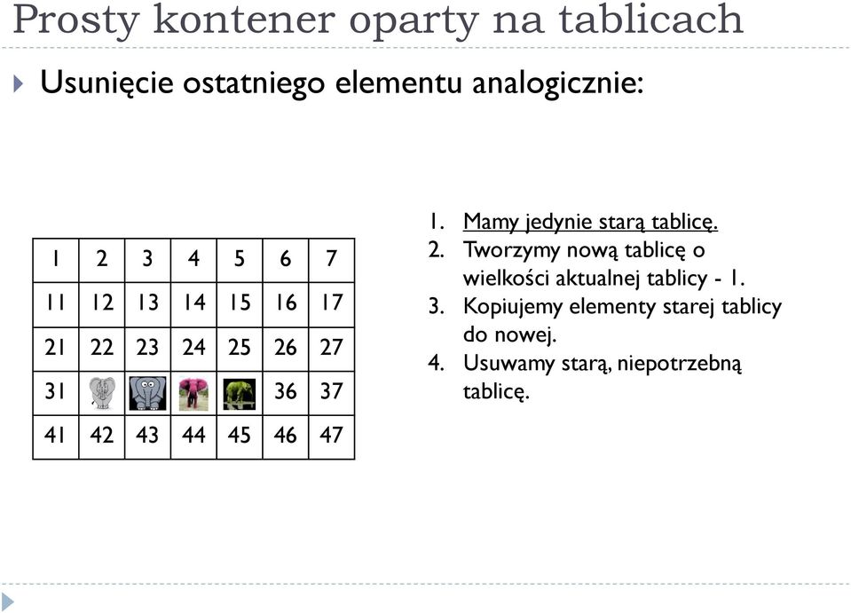 Mamy jedynie starą tablicę. 2. Tworzymy nową tablicę o wielkości aktualnej tablicy - 1.