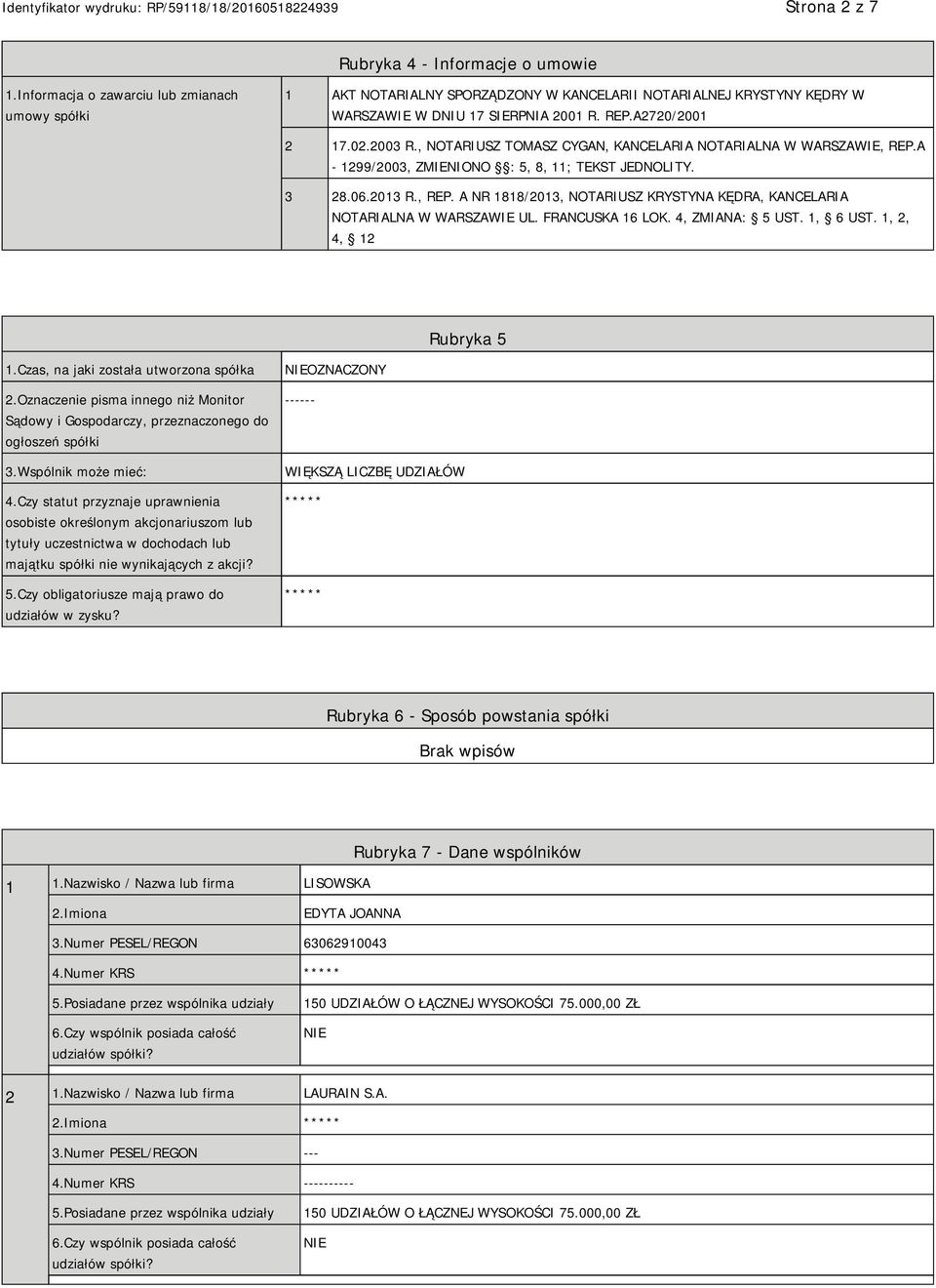 , NOTARIUSZ TOMASZ CYGAN, KANCELARIA NOTARIALNA W WARSZAWIE, REP.A - 1299/2003, ZMIENIONO : 5, 8, 11; TEKST JEDNOLITY. 3 28.06.2013 R., REP. A NR 1818/2013, NOTARIUSZ KRYSTYNA KĘDRA, KANCELARIA NOTARIALNA W WARSZAWIE UL.